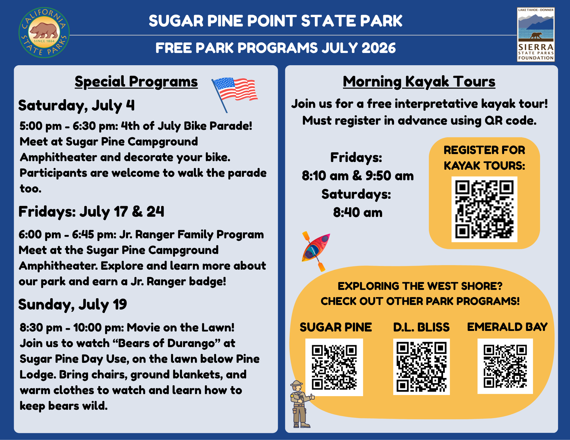 July 2026 Interpretative Programs Sugar Pine Point